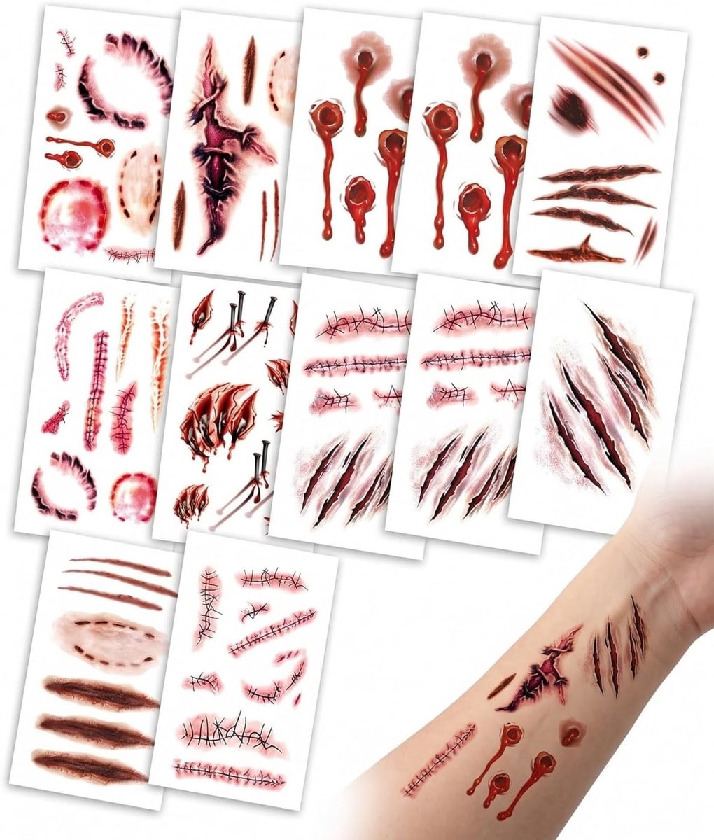10 stuks, bloedige wondlittekenstickers met nepbloed-look, huidvriendelijke tijdelijke tatoeagefolie voor gezicht en lichaam, ideaal voor griezelige kostuums en feestjes