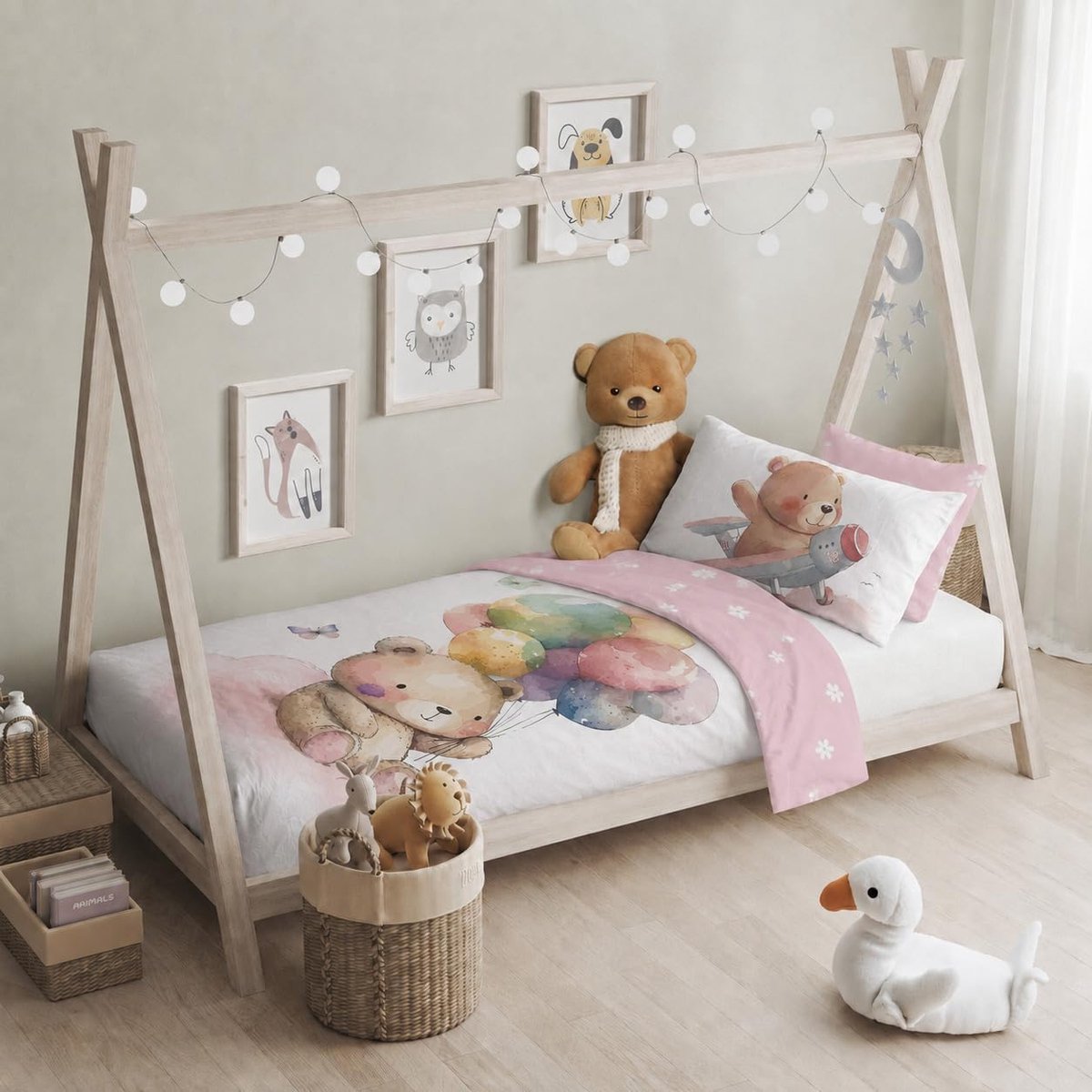 Set 100 x 135 cm + 40 x 60 cm met schattige printmotieven, 100% katoen, ritssluiting, onderhoudsvriendelijk (100 x 135 cm + 40 x 60 cm, teddybeer)