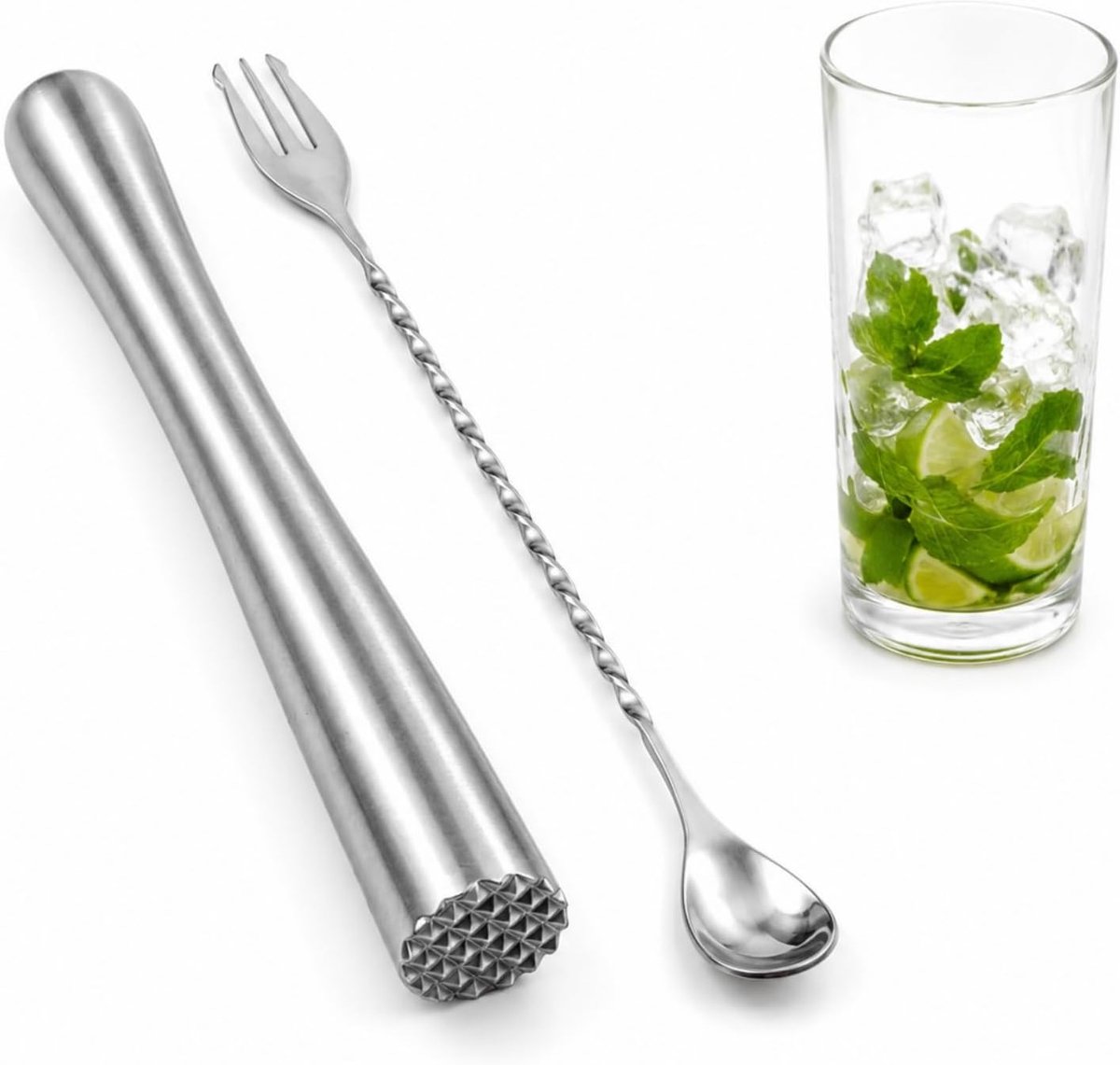 Stamper voor cocktails, roestvrijstalen stamper, cocktail, 22,6 cm lang, roestvrijstalen stamper, met dubbele roerlepel, baraccessoires, voor bars, keukens, restaurants (zilver)