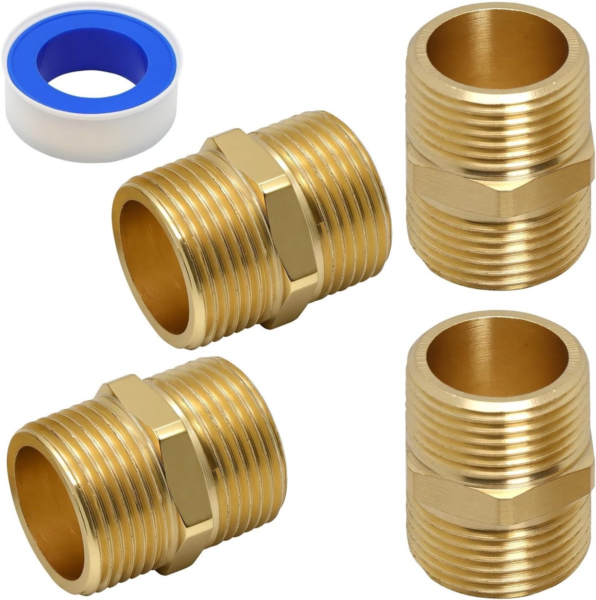 Set van 4 Hex Messing G3/4 naar 3/4 Koppelingen, 1.8cm Dubbele Nippel, Mannetje naar Mannetje Slangverbinding, Messing Verloopstukken voor Slangen met Lijmtape