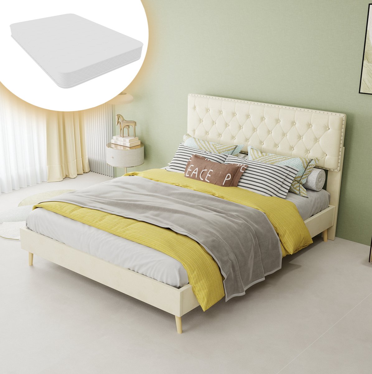 REDOM Bedframe - Hoog gestoffeerd hoofdbord - Houten lattenbodem - Opbergruimte onder bed - Modern minimalistisch - Hout en stof en metaal - Beige - 140 x 200 cm