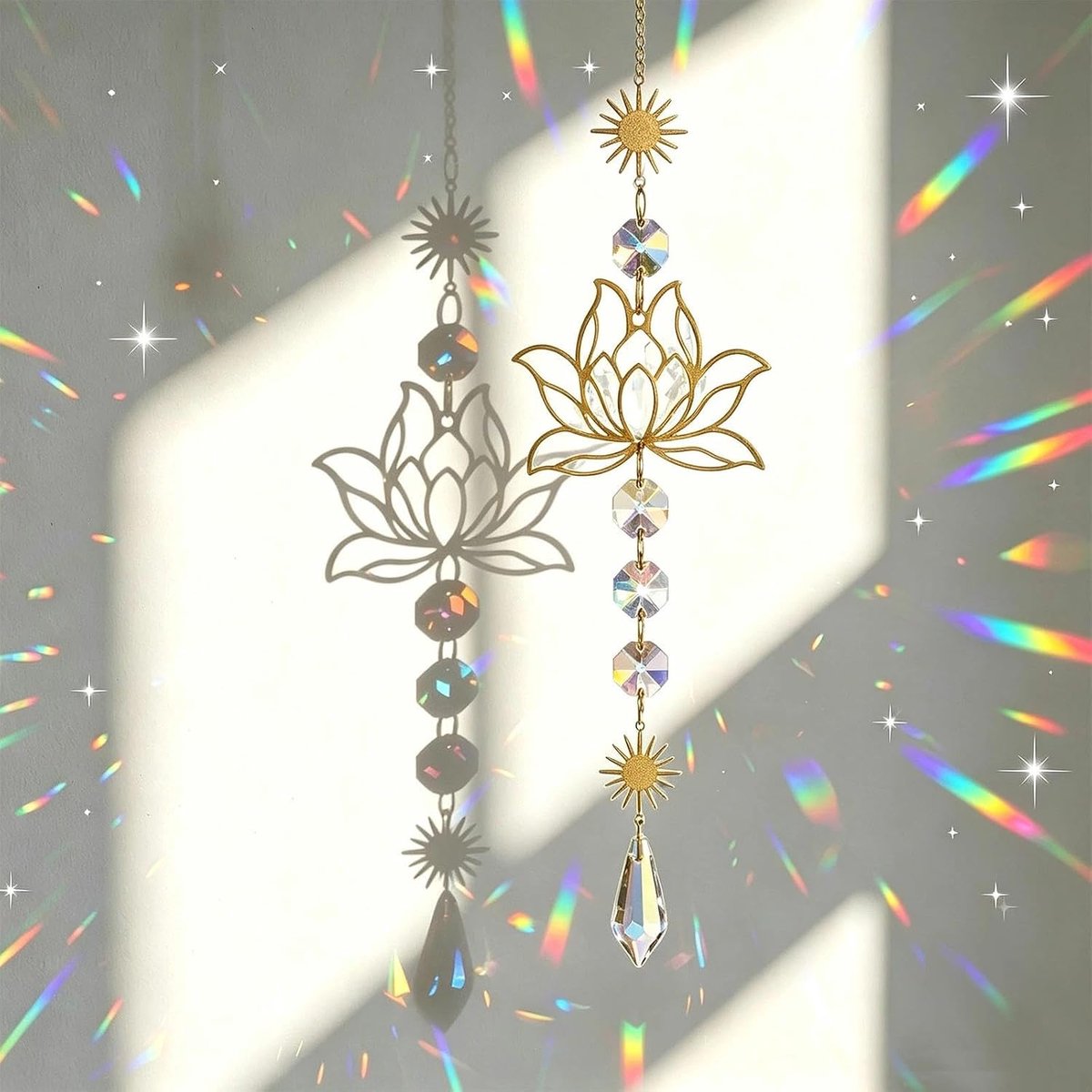 Zonnevanger, lotusbloesem met kristallen prisma, kristallen zonnevanger voor raamdecoratie, elegant, lotus, van messing voor thuis