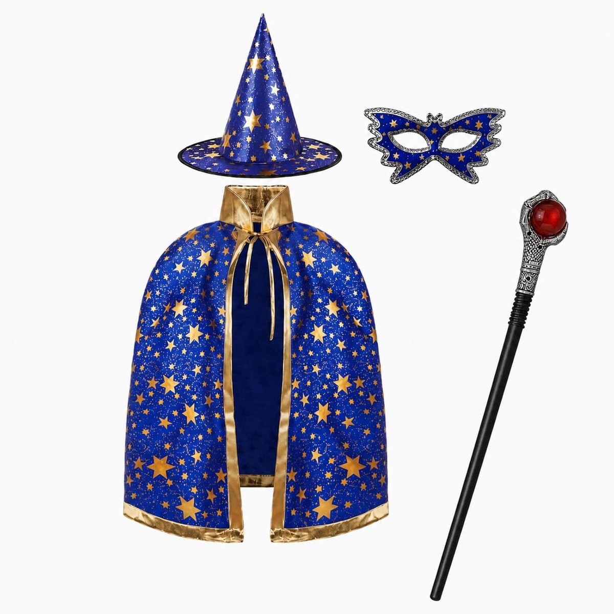 Halloweenkostuum voor kinderen: Tovenaars- of heksenmantel met hoed, toverstaf, oogmasker en magische accessoires – Outfit in heksenstijl voor Halloween, cosplay, carnaval en themafeesten