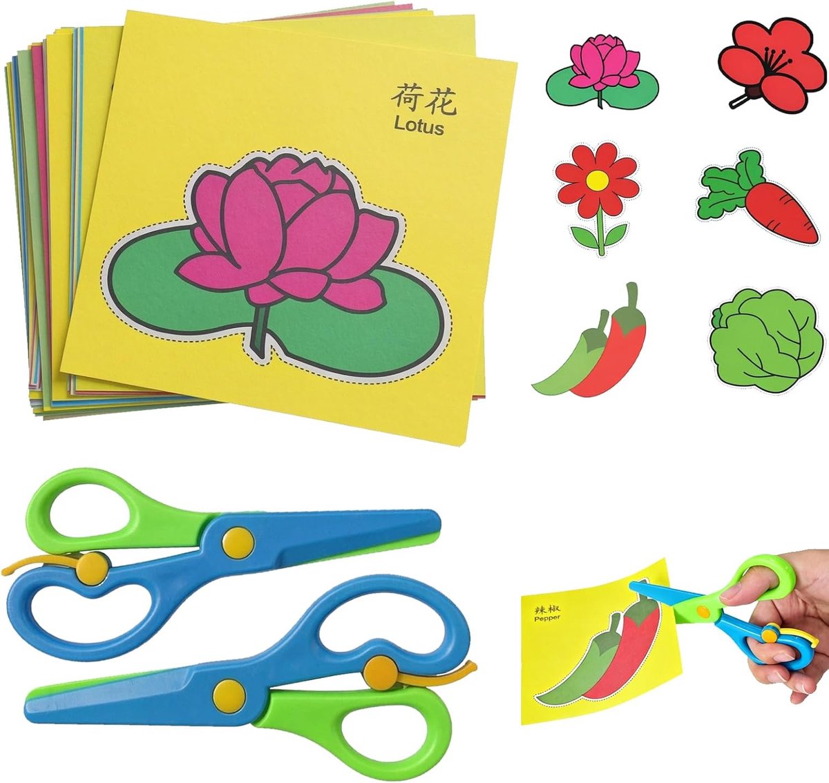2 veiligheidsschaar voor kinderen + 90 vellen knutselpapier op fruit en groenten, educatieve en speelse creatieve set voor kinderen van 2 jaar, voor kleuterschool, thuis en cadeau