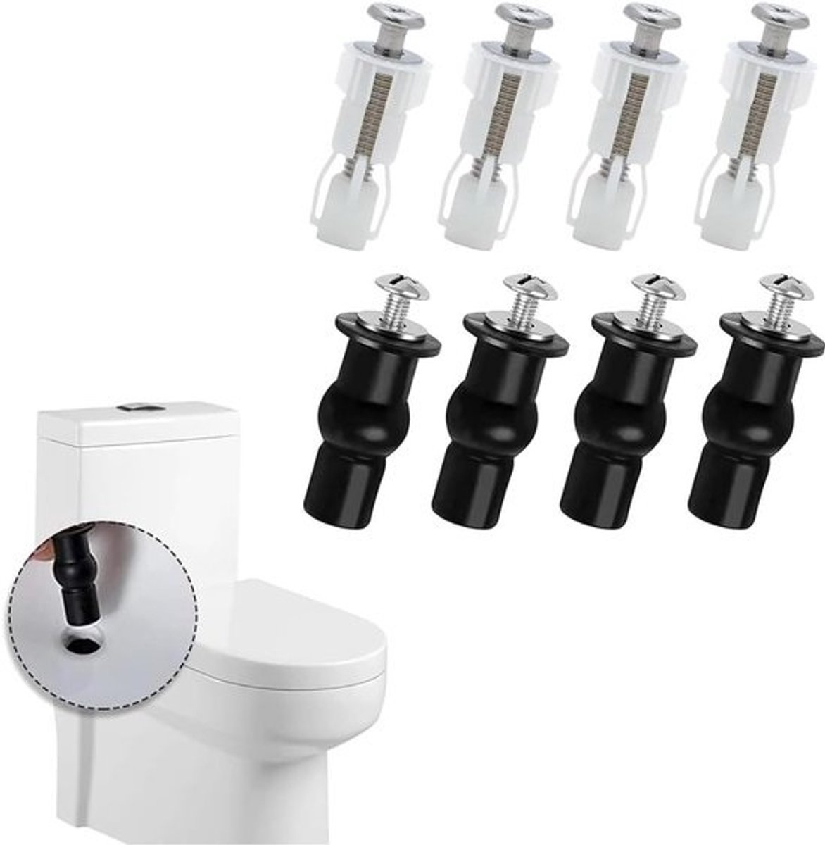 8-delige scharnieren voor toiletbrillen - Universele intrekbare schroefscharnieren met snelontgrendeling - Voor het bevestigen van toiletbrillen - Rubberen moeren - Geschikt voor opklikbare toiletbrillen