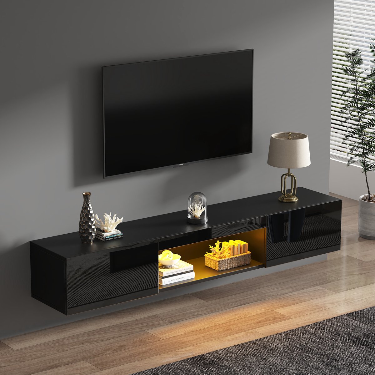 WUVRIE Wand-tv-meubel 160 x 31 x 22 cm - 2 kleppen en open vak - LED-verlichting - Zwart