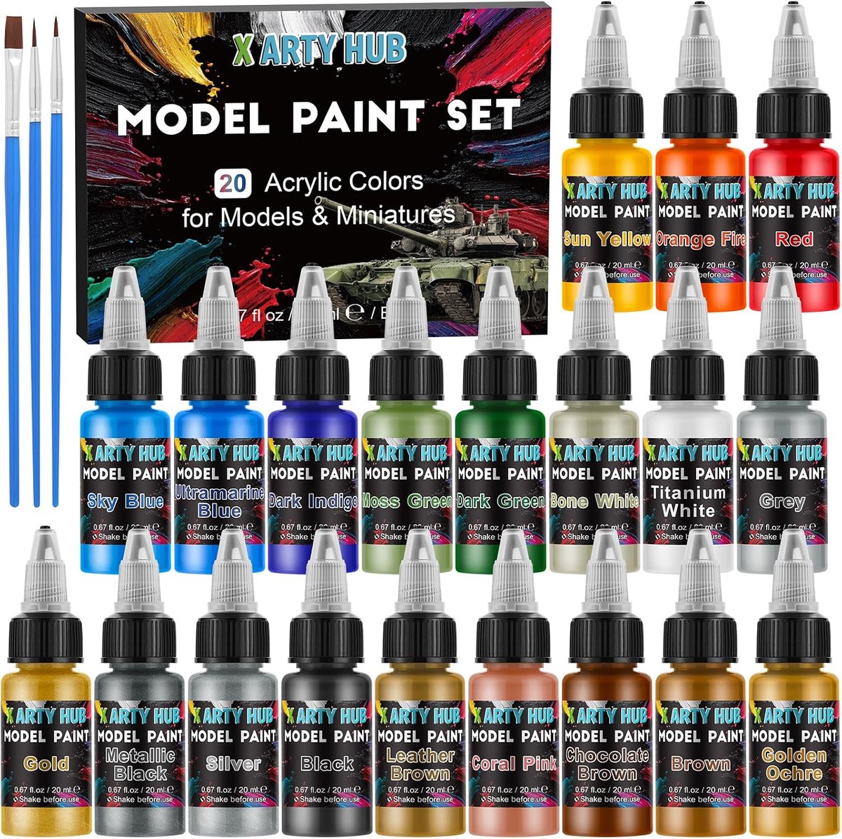 Model Paint Set – 20 Colors with 3 Brushes, Mini Paint Set (Base/Skin Colors/Shadows/Metallics) for Air Painting & Hand Painting, Acrylic Paint for Mo