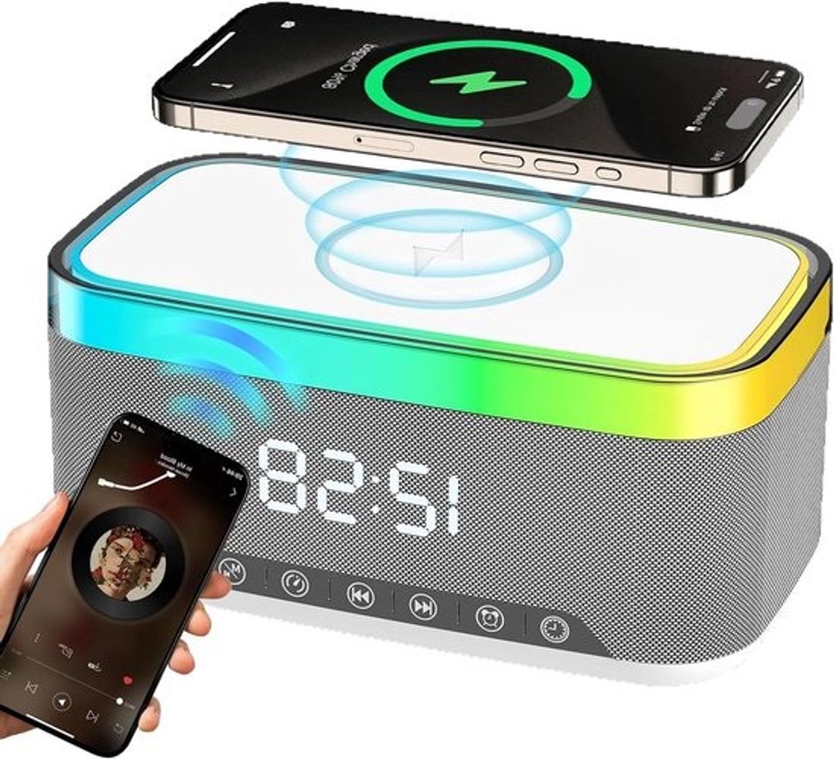 Digitale wekkerradio - Audioklok - Voor slaapkamercomfort - Met draadloze oplaadfunctie - 18 cm breed - Multicolor