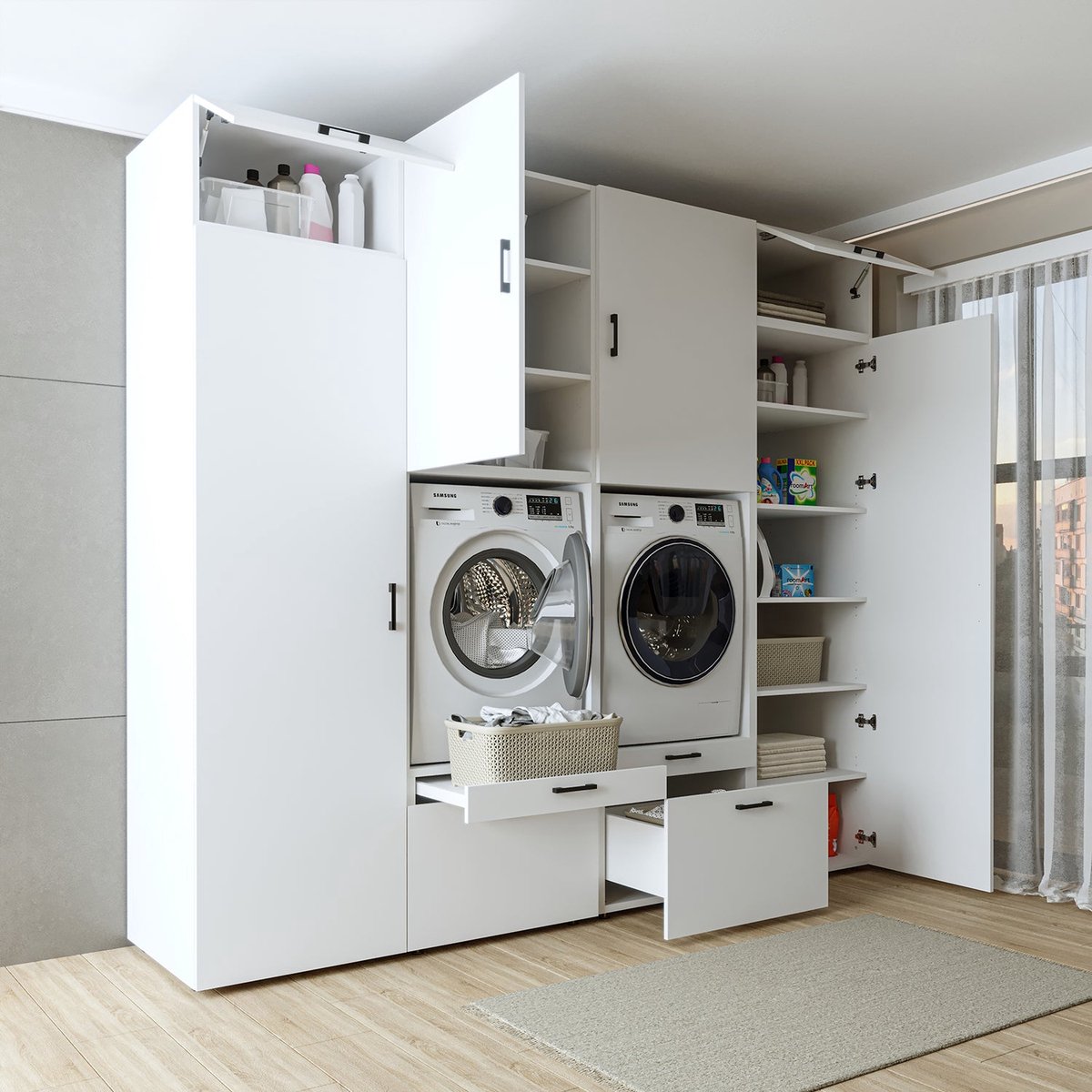 Roomart SERIE 2 Wasmachine Ombouwkast 254x240 cm - Kastenwand met 2 Hoge Kasten - Wit