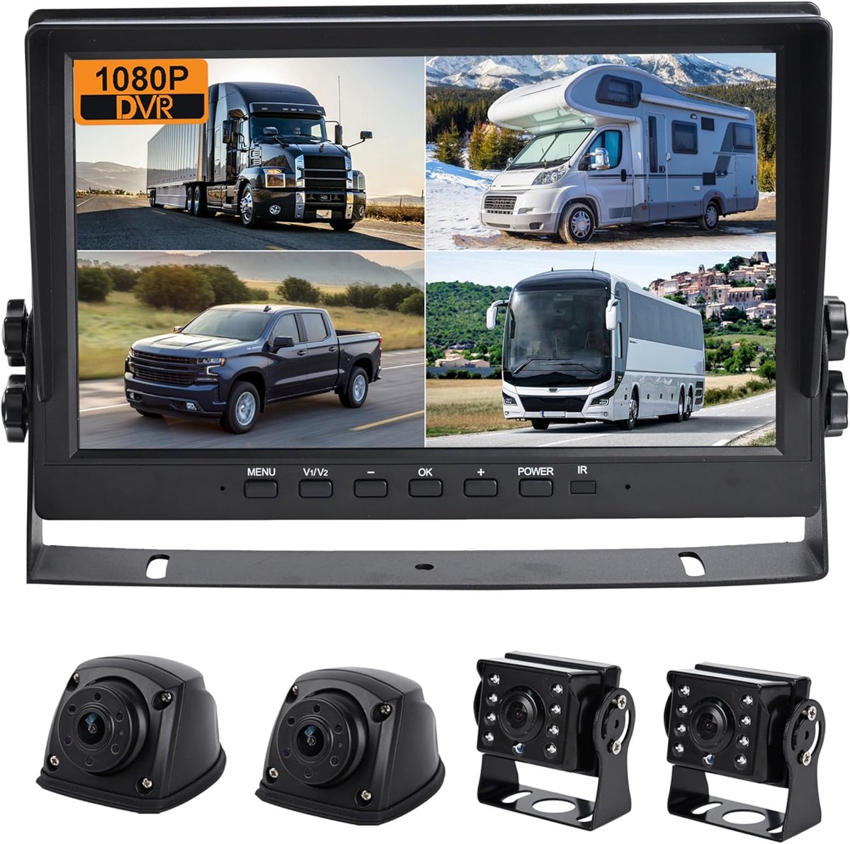 SnelShoppen - 1080p HD Achteruitrijcamera Set met 10 Inch IPS Display, Geïntegreerde DVR Opname, Quadruple Weergave, IP69 Waterdicht, Zijkameras voor