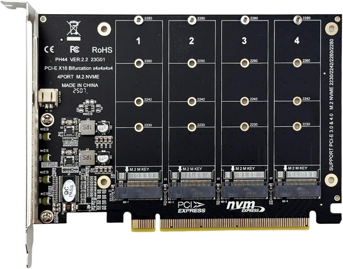 4-poorts M.2 uitbreidingskaart - PCIe X16 NVMe adapter - 32 Gbit/s overdrachtssnelheid - ideaal voor 4K video-bewerking - ShopVlot