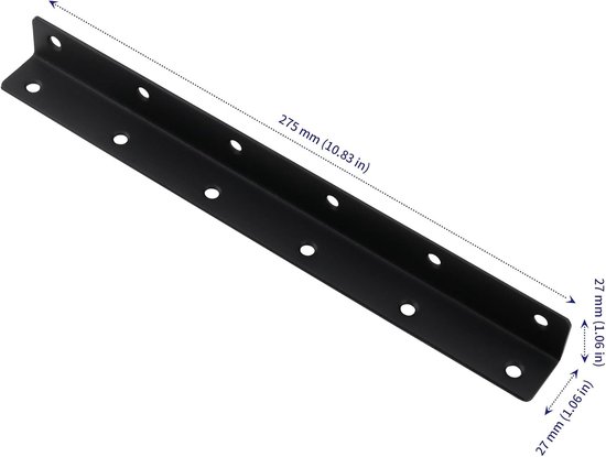 Hoekbeugels voor hout in roestvrij staal, L-vormige metalen hoekbeugels, 27.5 x 2.8 x 2.8 cm, zwart, inclusief schroeven, set van 8 stuks voor stevige bevestiging — afbeelding 5