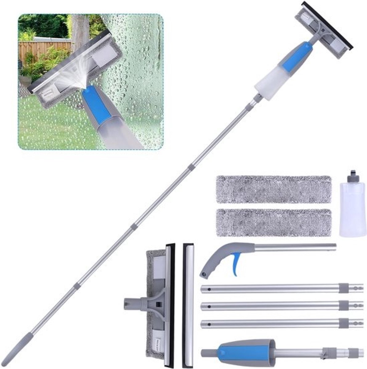 3-in-1 raamwisser - Met sproeifunctie - Telescopische steel - 5-delige aluminiumverlengstok - Afneembare vezeldoek - Superabsorberend
