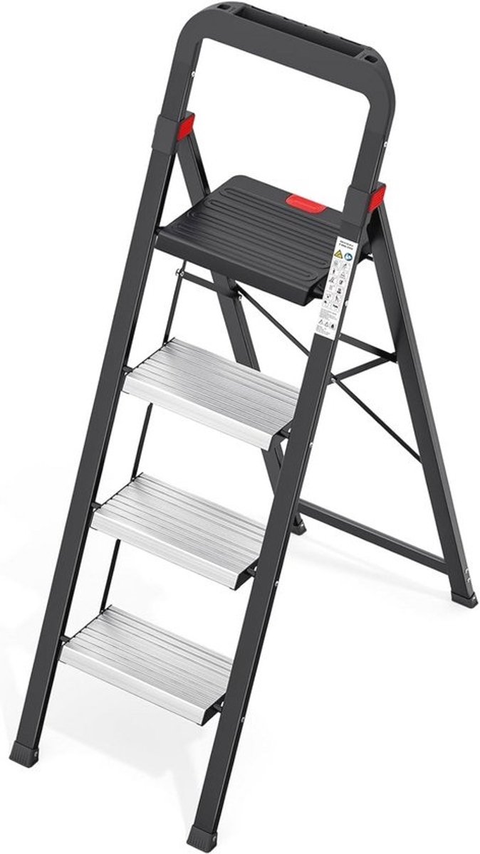 Inklapbare aluminium trapladder - met leuning - 4 treden - antislip en klapbeveiliging