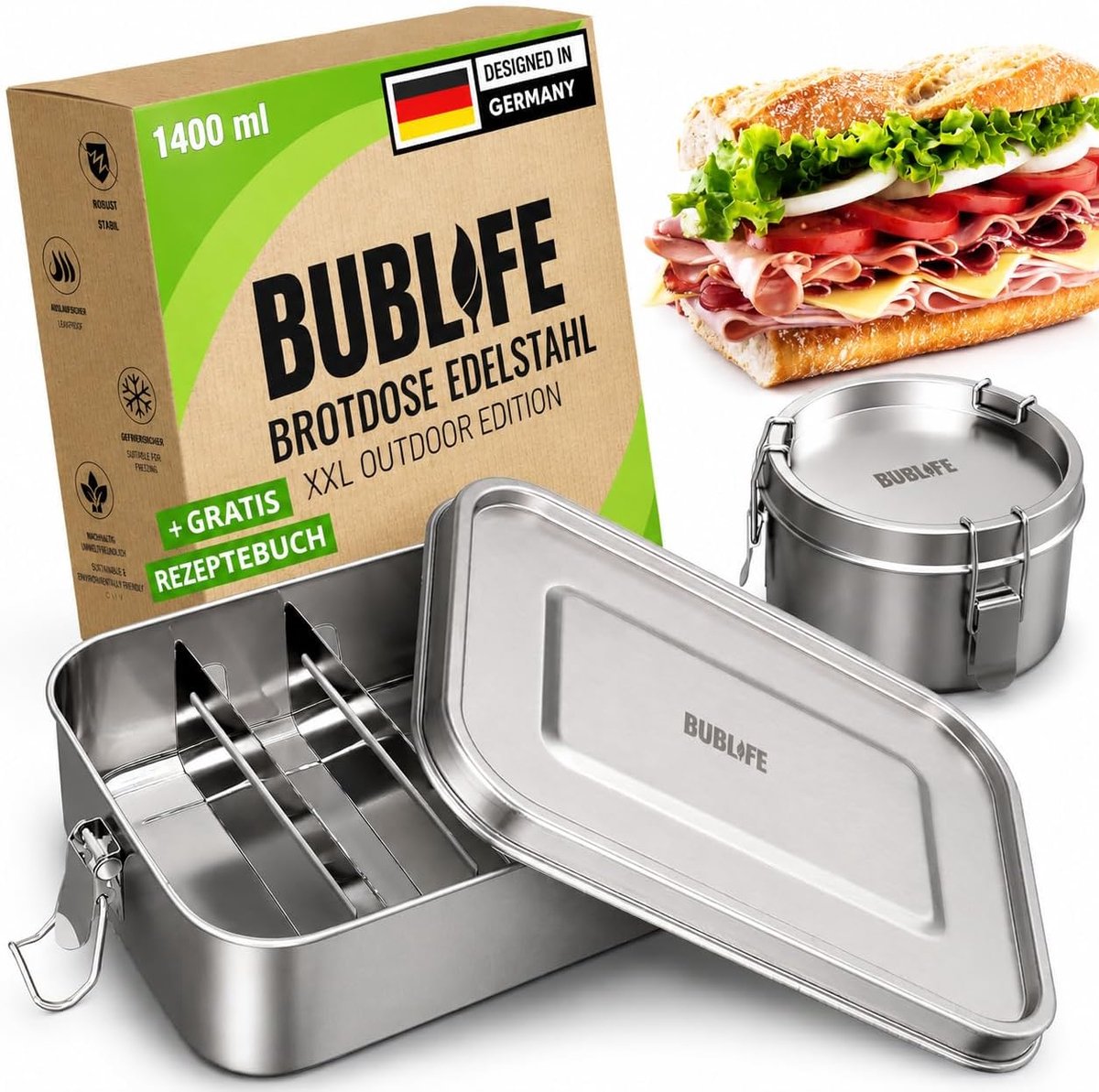 SnelShoppen - Kinderen Lunchbox met Compartimenten, RVS, 1400 ml, Lekvrij, Stalen Lunchbox voor Kinderen met Bestek en Mini Tray, Ideaal voor School,