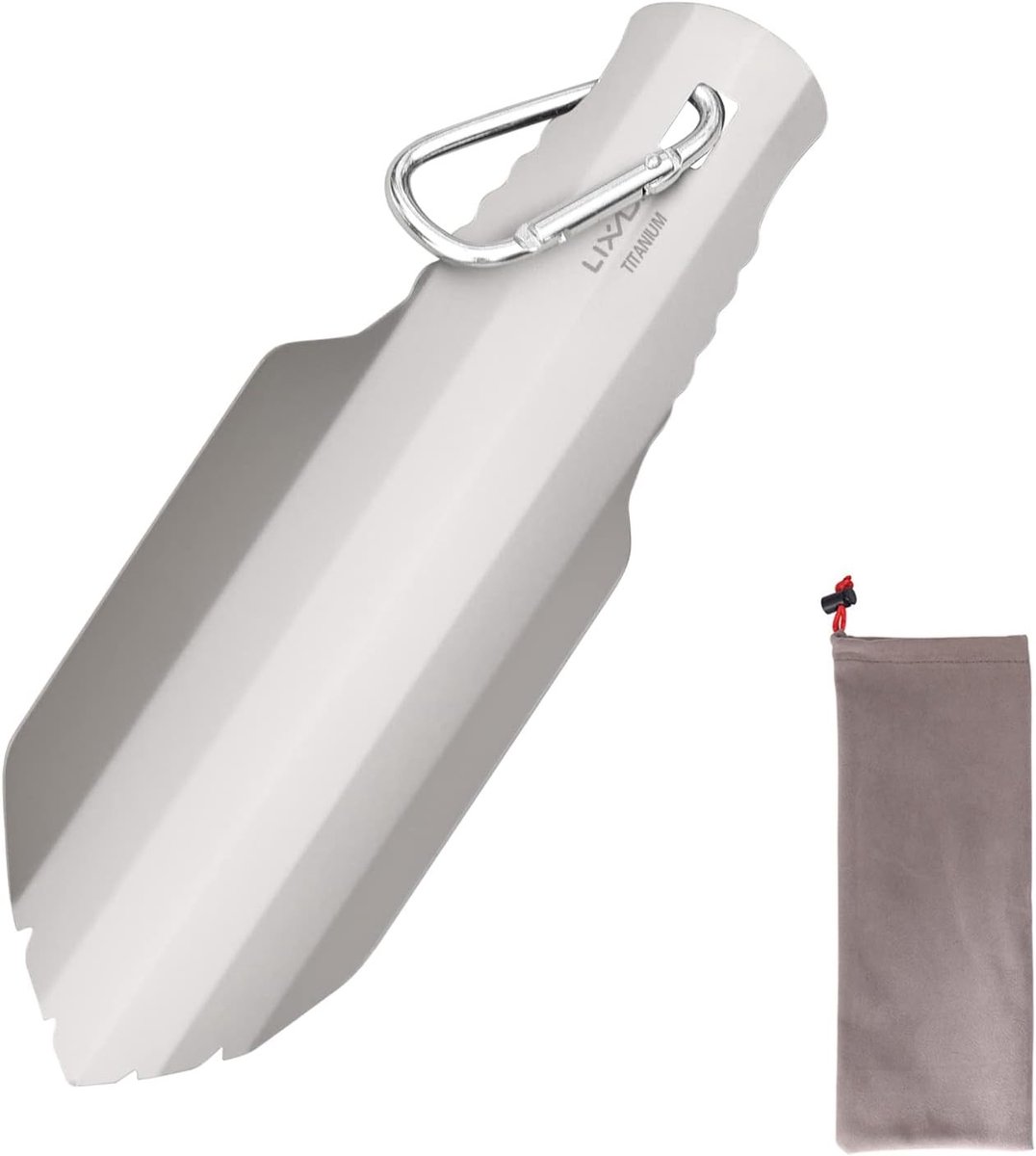 Camping Schep van Titanium - Lichtgewicht Tuinschep met Clip en Opbergtas, Ideaal voor Tuinieren, Kamperen en Hiking, Lengte 20,5 cm, Werkbreedte 7 cm, Slechts 35g