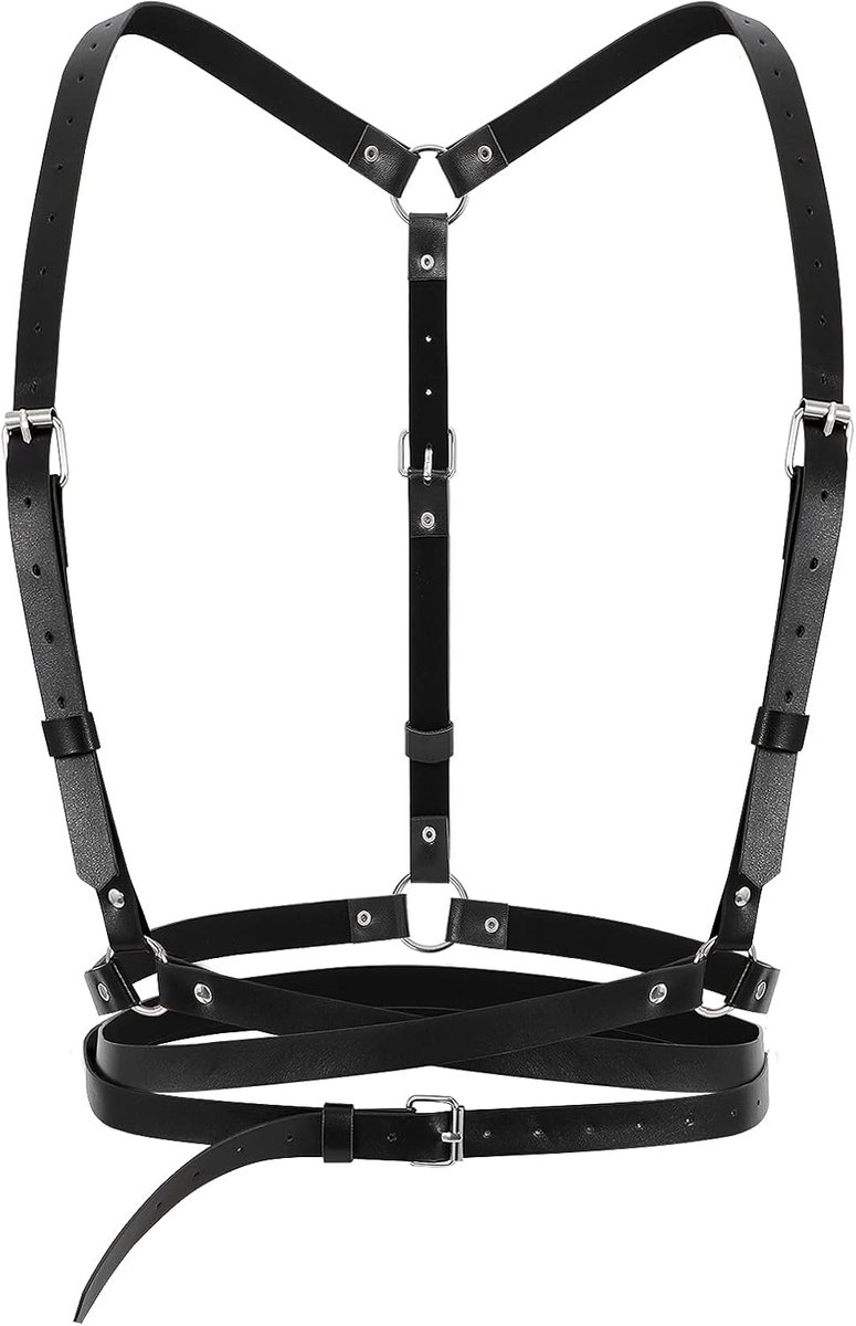 LEACOOLKEY Ladies Punk Waist Belt PU Leather Black Gothic Body Necklaces for Cosplay Rave Outfit Halloween Costume - ShopVlot