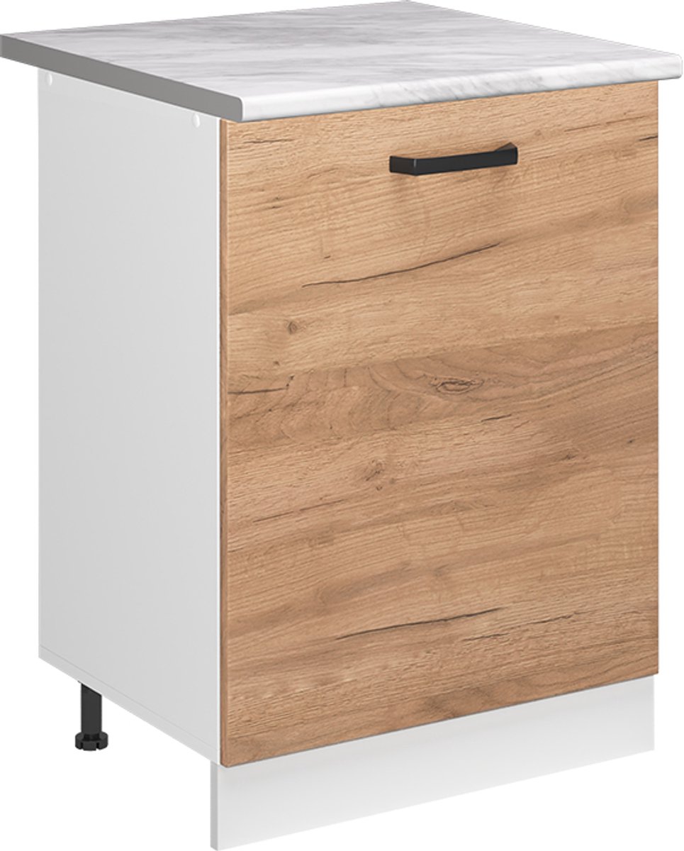 Vicco Keukenonderkast R-Line, Goudkleurig Eiken/Wit, 60 cm met 1 deur marmer werkblad