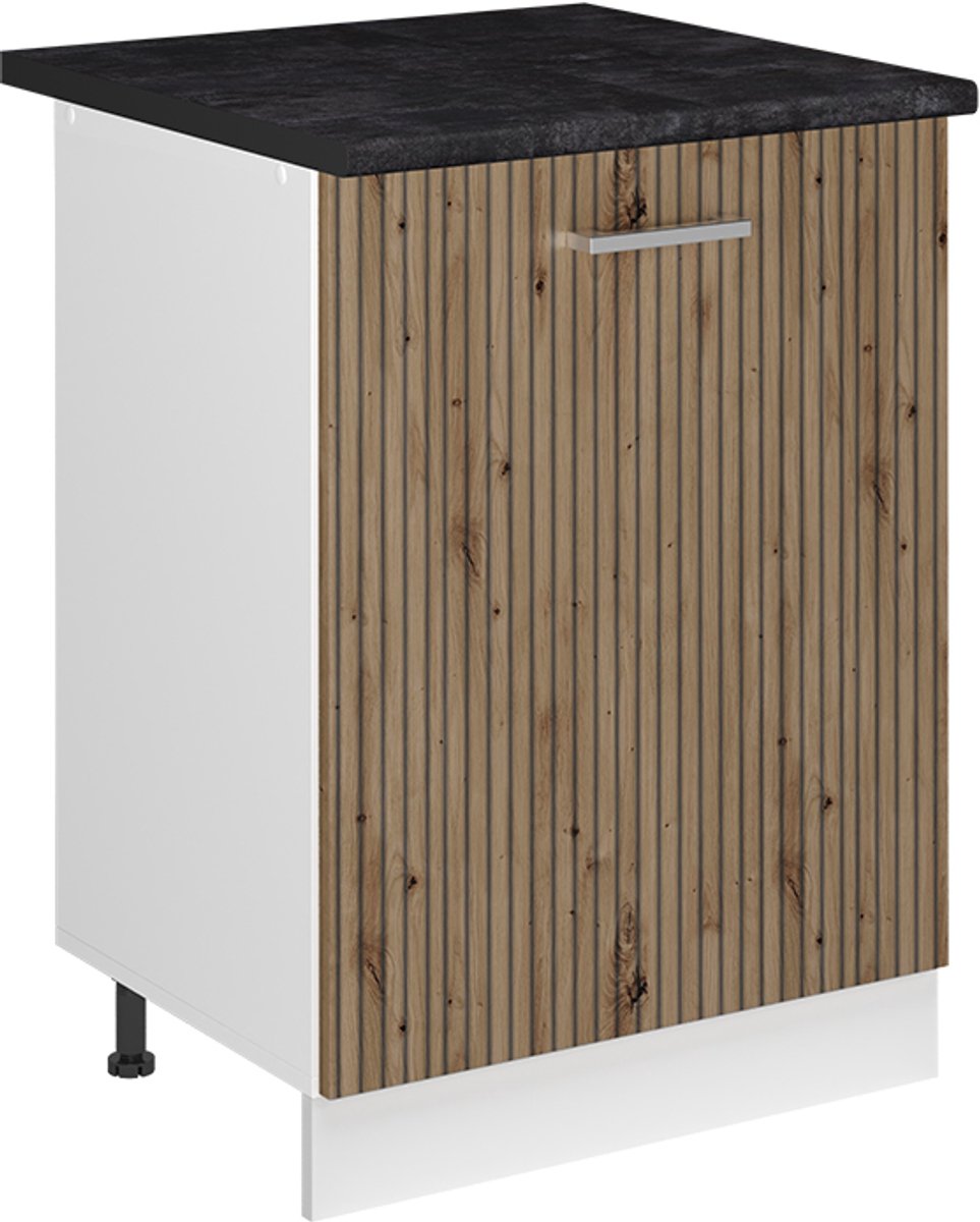 Vicco Keukenonderkast R-Line, Artisanaal eiken/Wit, 60 cm met 1 deur antraciet werkblad
