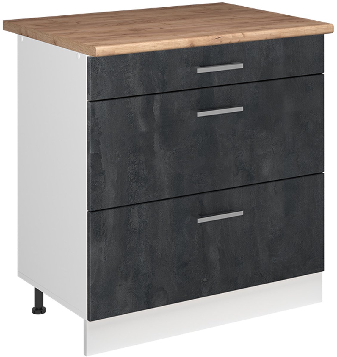 Vicco Keukenonderkast R-Line, Zwart beton/Wit, 80 cm met 3 laden goudkleurig eiken werkblad