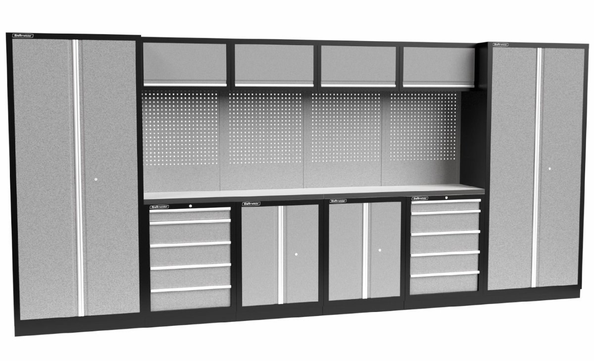 Kraftmeister werkplaatsinrichting - Werkbank met 4 wandkasten, 2 werkplaatskasten en RVS werkblad - Werktafel met 10 laden, 2 opbergkasten en gereedschapswand - Complete set voor werkplaats of garage - Grijs
