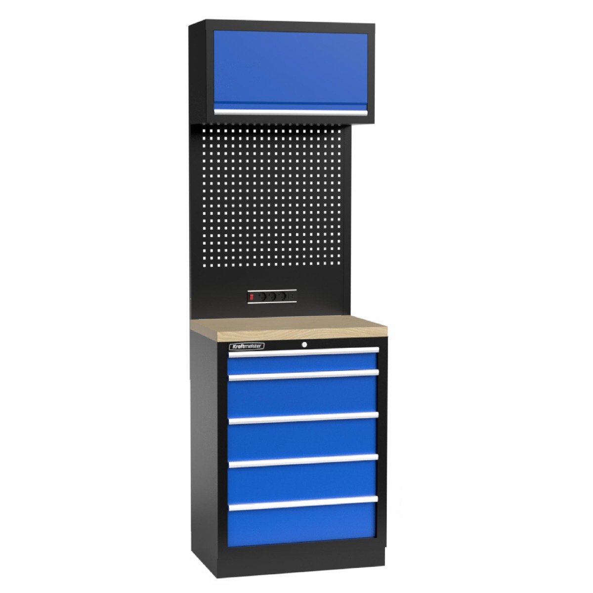 Kraftmeister werkplaatsinrichting - Werkbank met 1 wandkast en multiplex werkblad - Werktafel met 5 laden en gereedschapswand - Complete set voor werkplaats of garage - Blauw