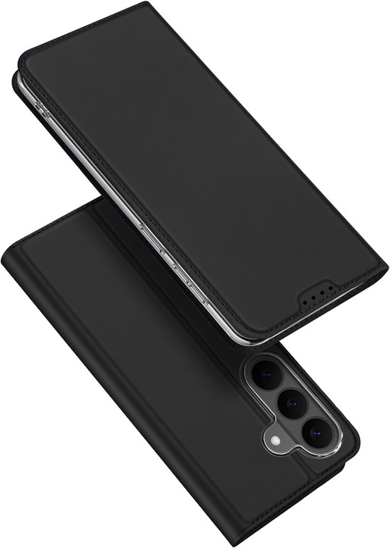 Zwart Dux Ducis Skin Pro telefoonhoesje voor Samsung Galaxy S26 FE, met pasjeshouder en standaard.