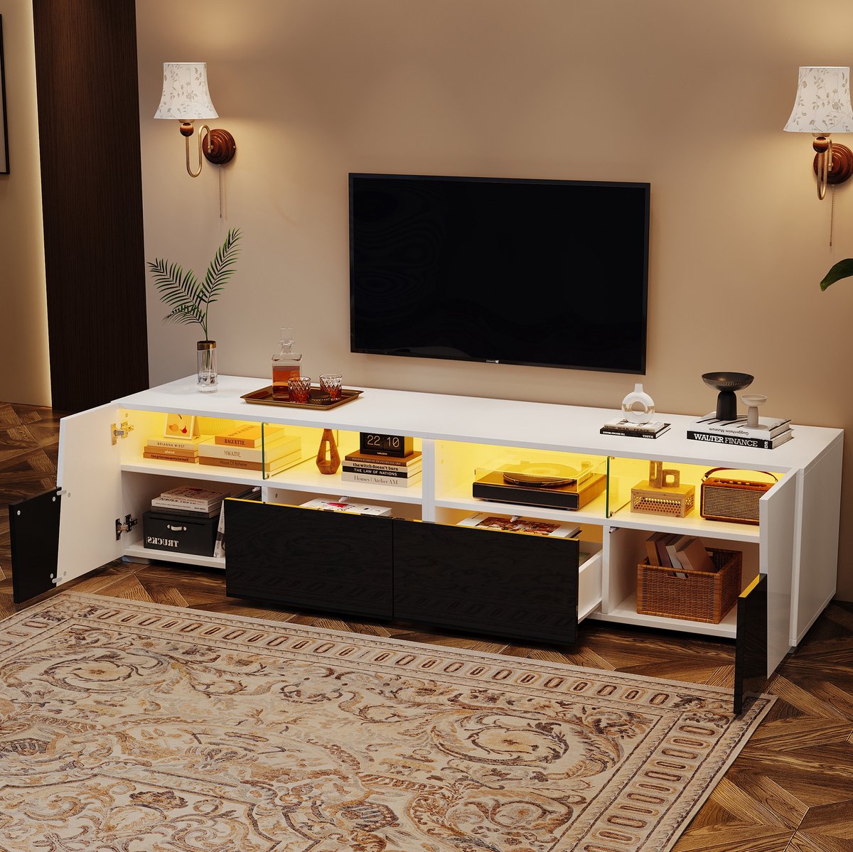 WUVRIE TV-meubel 180 x 38,5 x 45 cm - LED-verlichting, 2 lades en 2 deuren - Wit/zwart