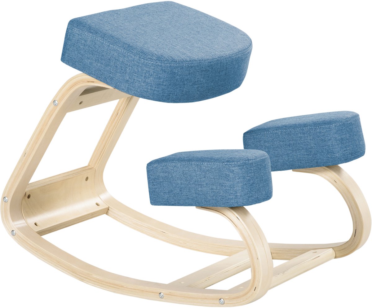 Kniekruk 69×51×58 cm blauw met houten frame, knielkruk, meditatiekruk, zitkruk, stevig en duurzaam, eenvoudig design, praktisch en mooi, geschikt voor studeerkamer en kantoor voor comfortabel zitten en mediteren