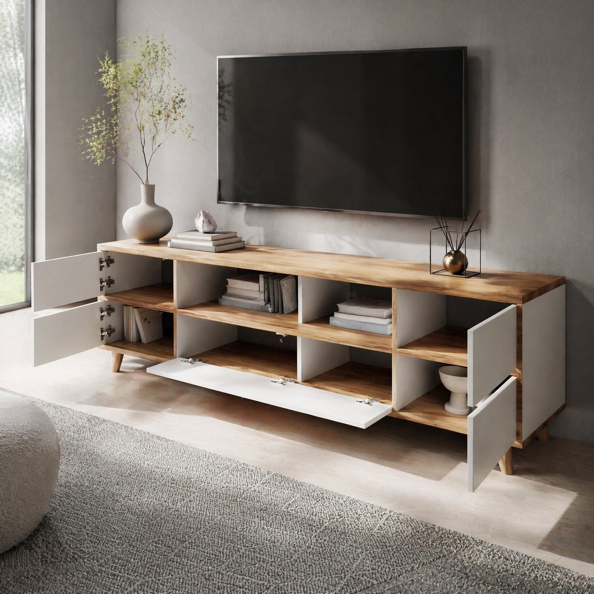WUVRIE TV-meubel 175 x 37 x 51 cm - Open vakken en 4 deuren - MDF - Wit/houtkleur