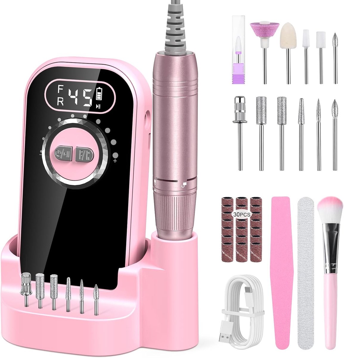 Nagelvijl, 45.000 omw/min, nagelfrees voor gelnagels met digitaal display, professionele nagelfrees voor salon en thuis, manicure, pedicureset voor nagelriem, Shellac, acrylgel