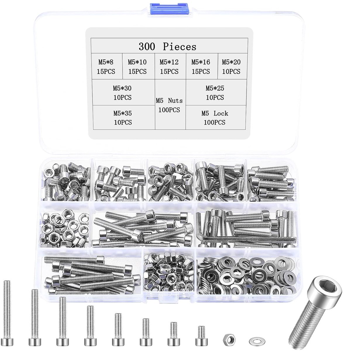 300 stuks M5 schroevenset, roestvrij staal, zeskantschroeven, moeren, cilinderschroeven met binnenzeskant schroeven met moeren en sluitringen, cilinderkop, machineschroeven, assortiment