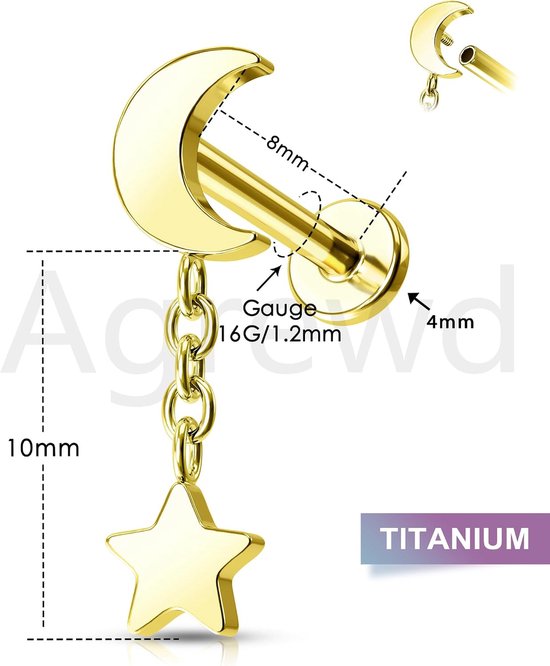 Piercing Sieraden Kraakbeen Oorbellen G23 Solid Titanium Labret Lip Stud Zilver/Goud Platte Terug Intern Schroefdraad Tragus Conch Oorbellen Maan & Ster Vooruit Medusa Piercing Sieraden — afbeelding 2