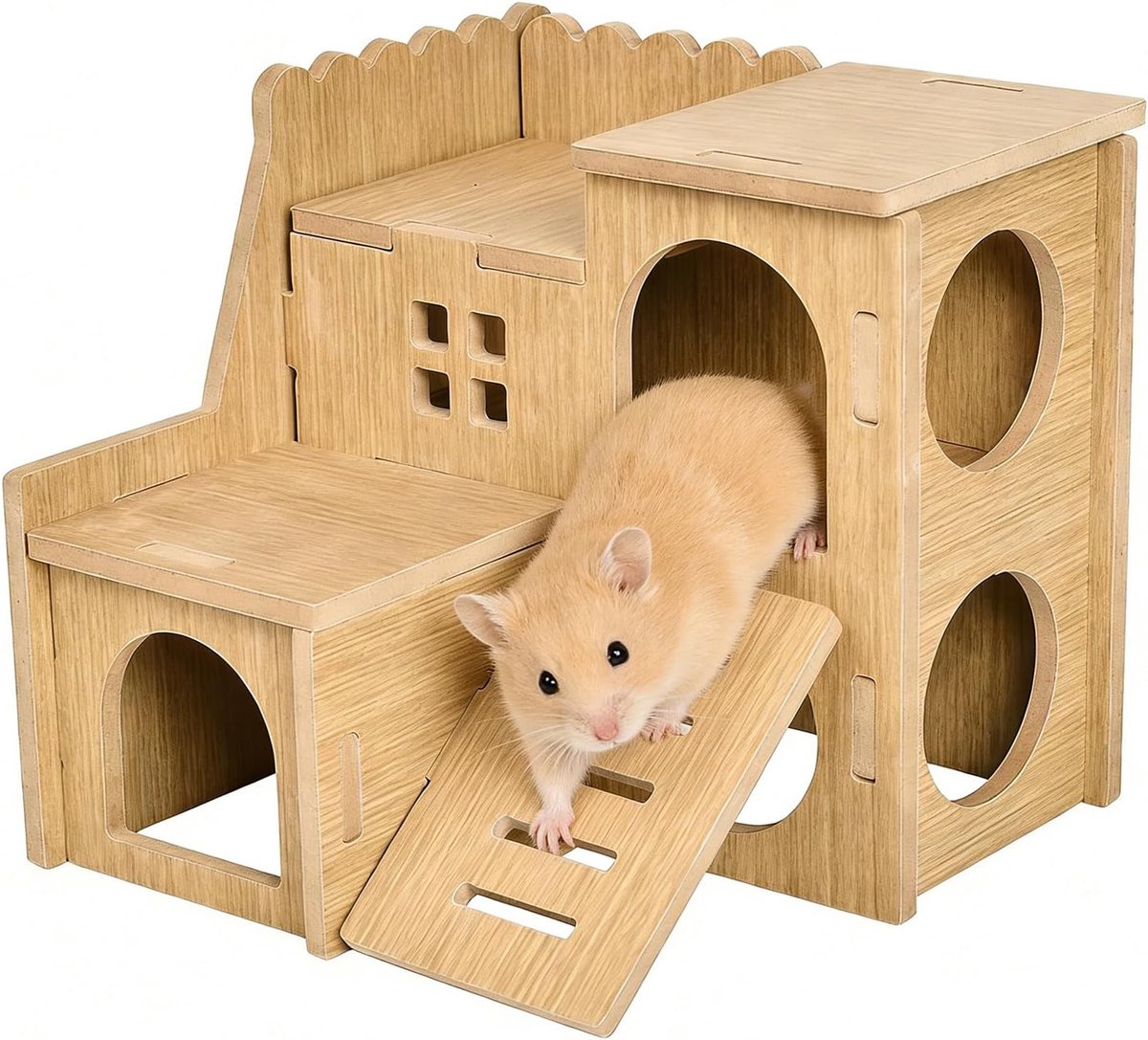 145 * 155 * 140 mm Hamsteraccessoires Houten Huis Twee Verdiepingen met Ladder Cavia Speelhuisje Schuilplaats Geschikt voor Dwerghamsters Gerbils Pointer Ratten Cavia's