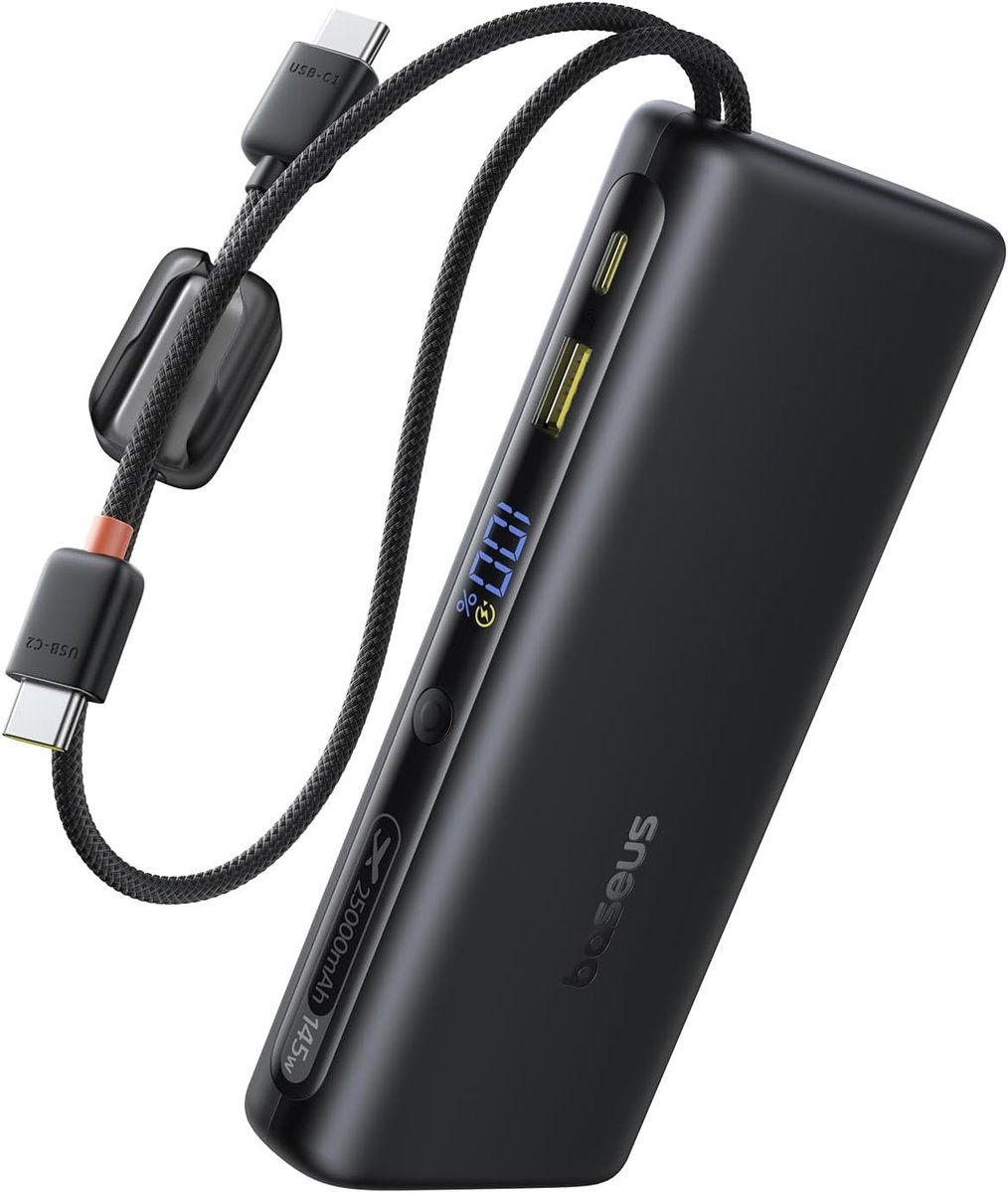 Krachtige 145W 25000mAh Powerbank voor Laptops en Smartphones, Snelladen met 2 USB-C Kabels, Ideaal voor MacBook Pro, iPhone 17/16/15, Dell, HP en Samsung