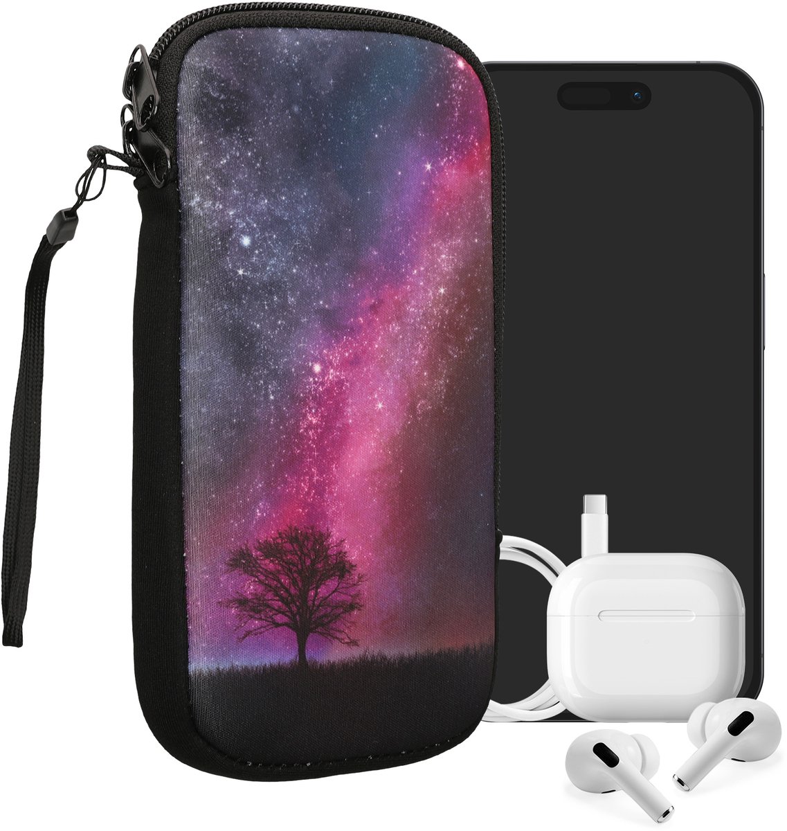 kwmobile hoesje voor smartphones XL - 6,7/6,8" - hoes van Neopreen - Sterrenstelsel en Boom design - roze / donkerblauw / zwart - binnenmaat 16,7 x 9,5 cm