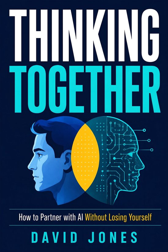 Boekcover 'Thinking Together' met profielen van twee hoofden, één menselijk en één digitaal. Ondertitel: 'How to Partner with AI Without Losing Yourself'.