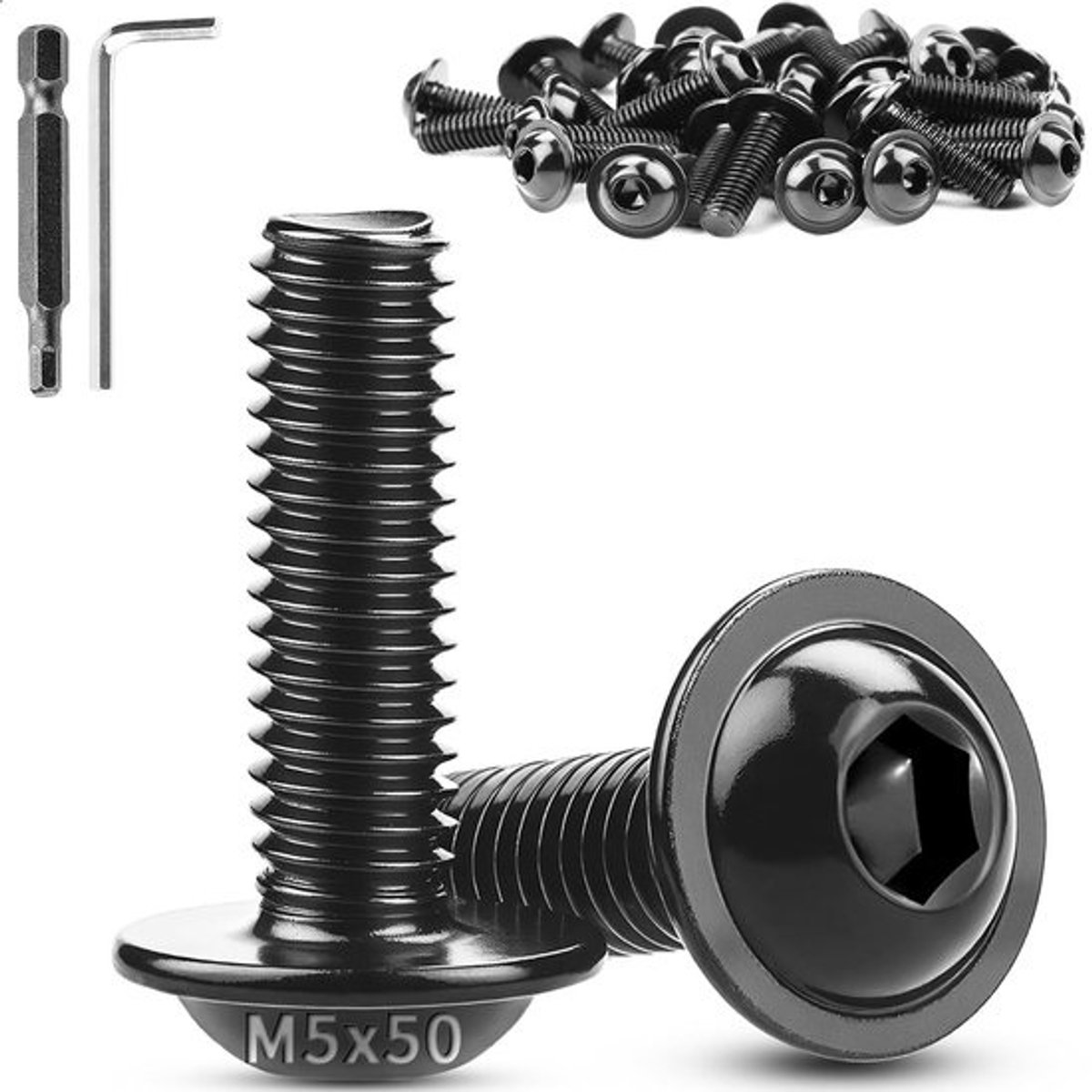 Lenskopschroeven met flens - Machinebouten van RVS - Voor het bevestigen van onderdelen - Roestvrij staal A2 - M5 x 50 mm - 30 stuks - Zwart