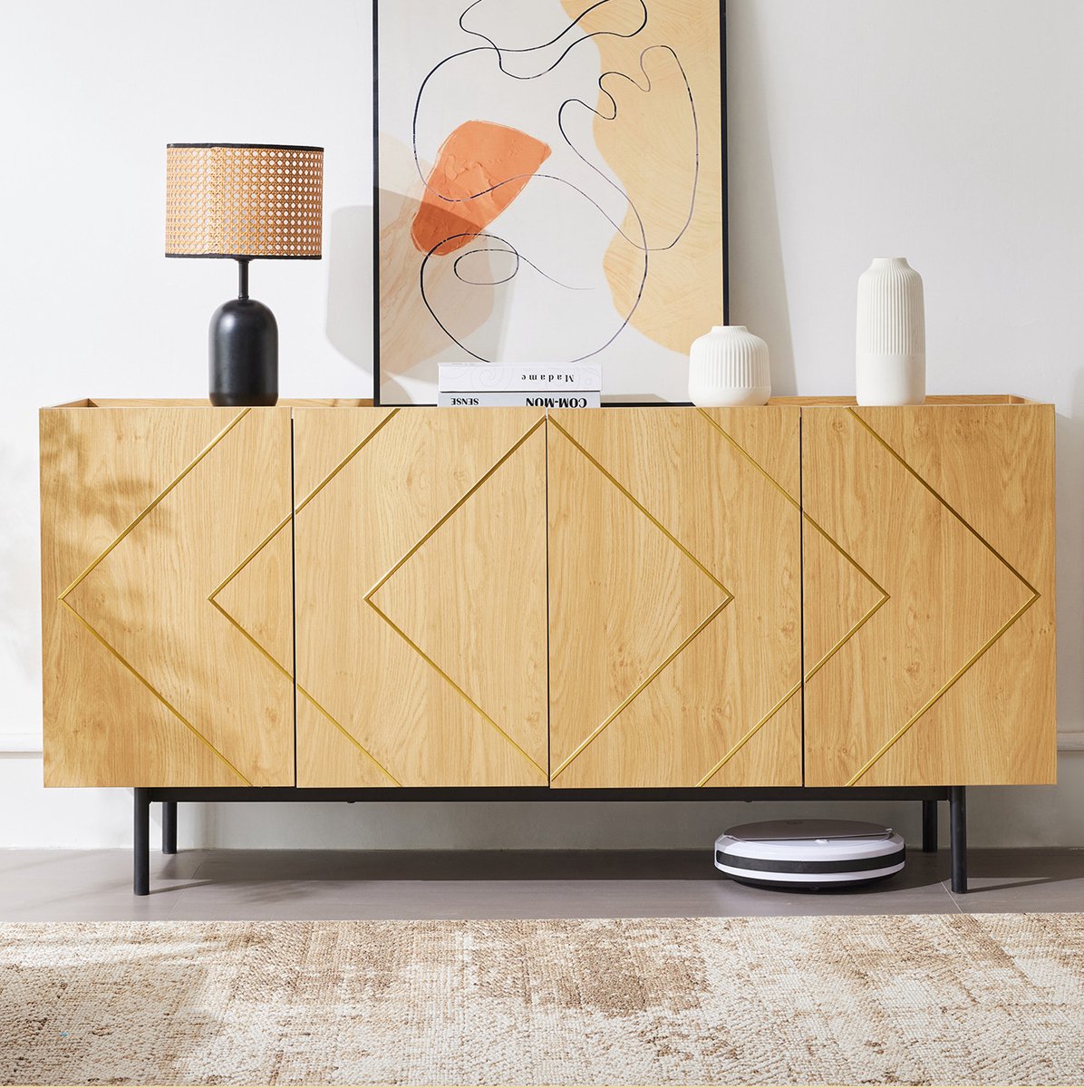WUVRIE Dressoir 160x40x78 cm - 4 deuren, verstelbare planken en metalen inlegwerk - Naturel