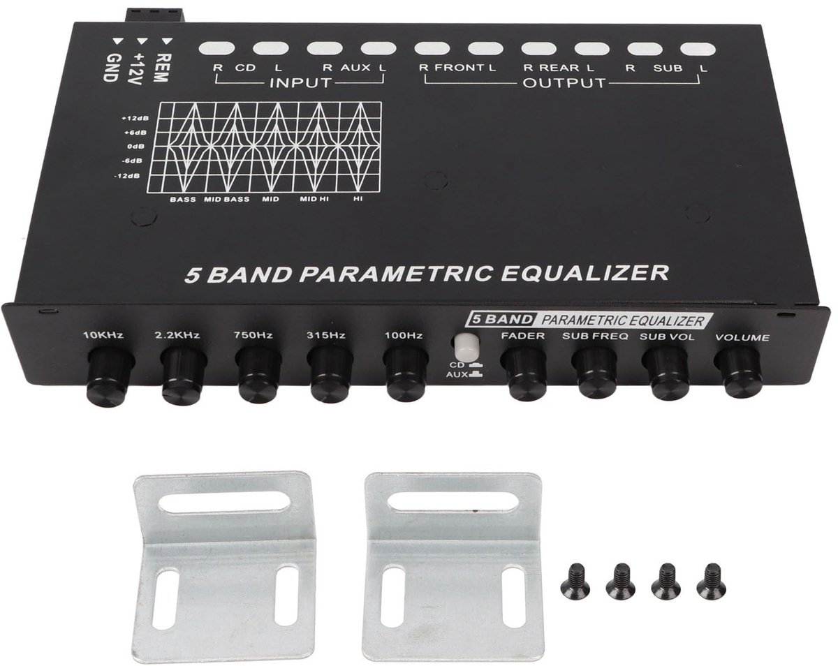Dailygoods- Equalizer Auto - Professionele 5-Bands Verstelbare Equalizer - Grafische Equalizer - Crossover - Geluidsregeling - Afmetingen 19x12x3cm