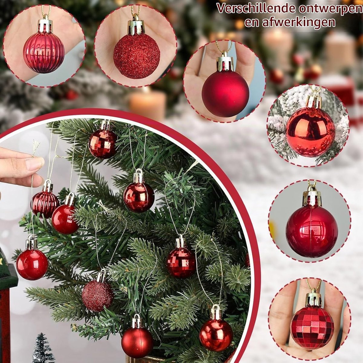 Set van 42 Mini Kerstballen van Schokbestendig Plastic (3cm) met Hangkoord, Herbruikbare Cadeaupakket voor Seizoensgebonden Kerstboomdecoratie - Rood en Glitter
