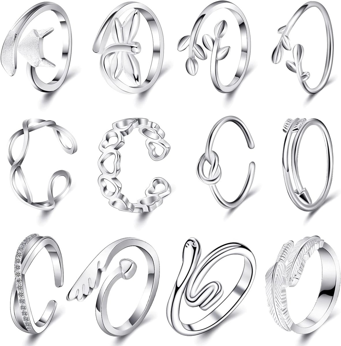 Hicarer 12 Pieces Open Finger Rings Women Adjustable Toe Rings Silver Rings Open Rings Silver Summer Beach Jewelry - ShopVlot