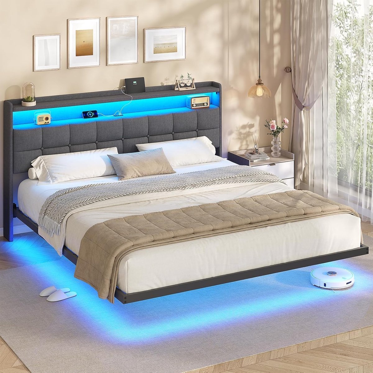 Modern dubbelbed 180x200 cm met zwevend effect, LED-verlichting en oplaadstation - Industrohome