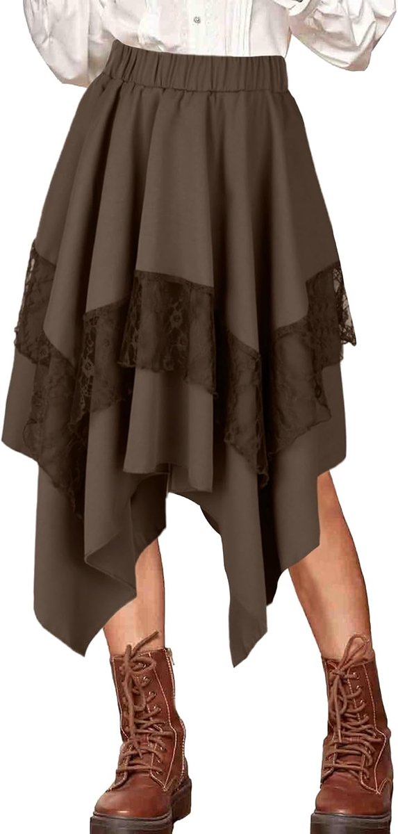SEAUR Women's Skirt Elastic Waist Lace Skirt Fairy Costume Double Layer Medieval Skirt for Victorian XS-2XL - ShopVlot