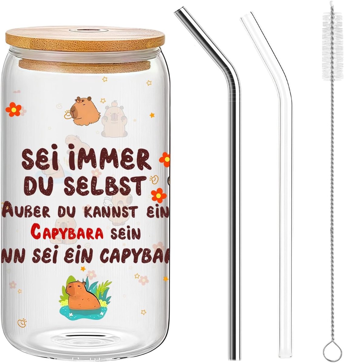 Mok – 470ml, grappig design, glazen beker met deksel en rietje, vaatwasserbestendig. Leuk cadeau voor vrouwen en meisjes.
