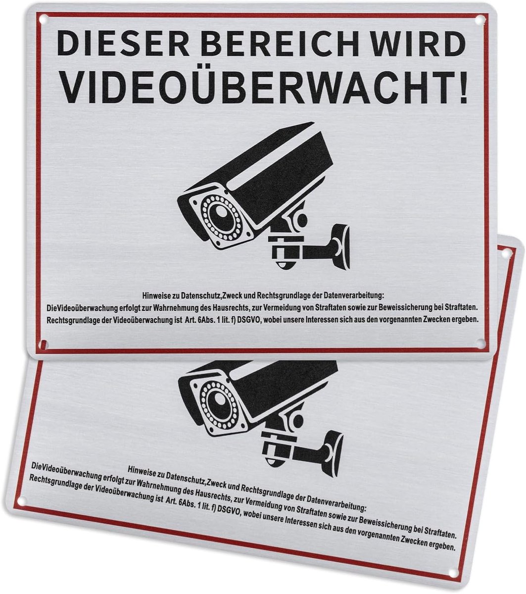 "Dit gebied wordt videobewaking" bord, 2 stuks - aluminium bord 20 x 15 cm, videobewakingsbord voor privégrondstuk, zelfklevend en met gaten