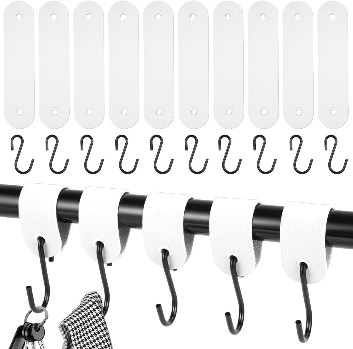 10 stuks haken met leren lus, haken voor kledingstang, roestvrij staal, S-haken, zwart, haken voor garderobe, 12,5 x 3 cm, kledinghaken voor garderobe en camping (wit)