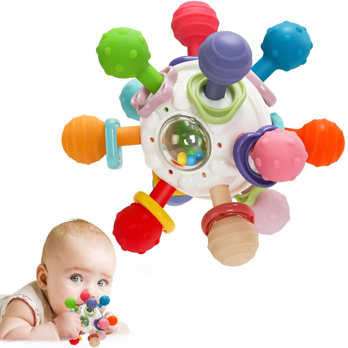 VONKELIOS® Bijt- en rammelspeelgoed, sensorisch speelgoed voor vroege stimulatie, Montessori tandvlees-speelgoed, verlicht tandpijn tijdens het doorkomen van tanden, vermindert vingerzuigen, fopspeen voor baby（wit）
