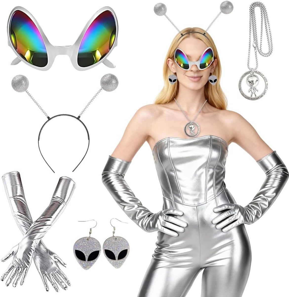 Kostuum Voor Dames, 5-Delige Set, Space Girl Kostuum Met Alien Haarband, Bril, Oorbellen En Handschoenen Voor Cosplay, Maskerade En Carnaval