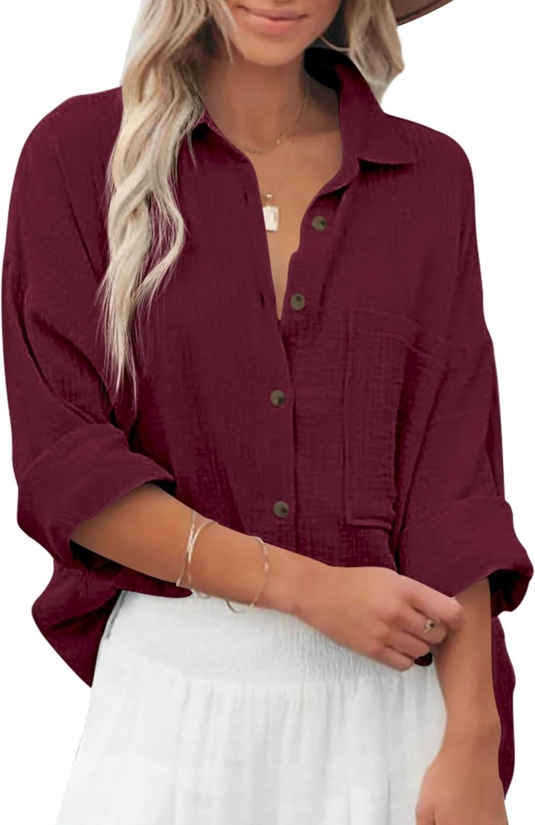 Blouse voor dames, katoen, casual hemd, V-hals, lange mouwen, elegant bovenstuk, losse shirts met borstzakken
